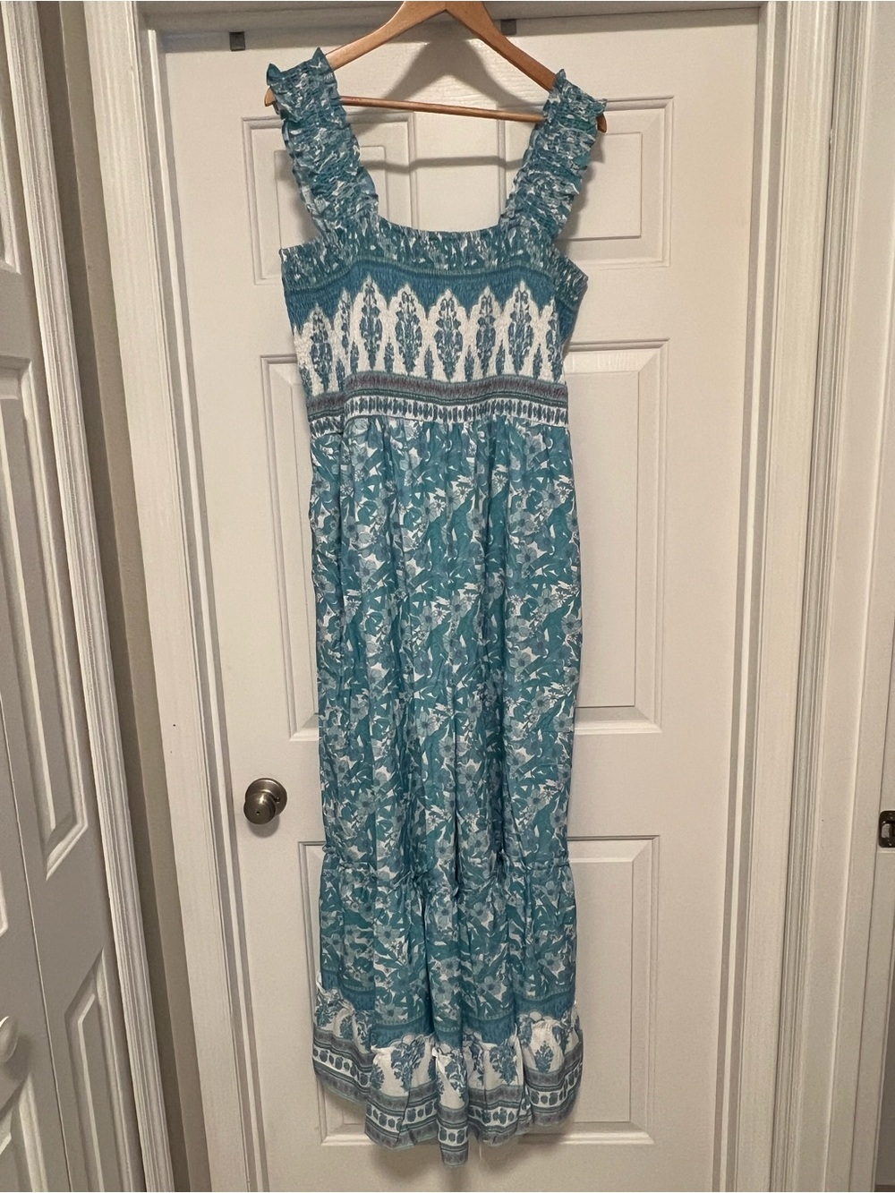 DAVI & DANI Teal and White Floral Smocked Maxi Jumpsuit